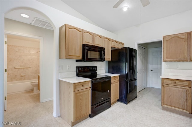 kitchen with ceiling fan and black appliances