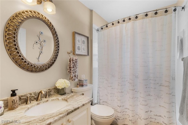 bathroom with vanity, toilet, and walk in shower