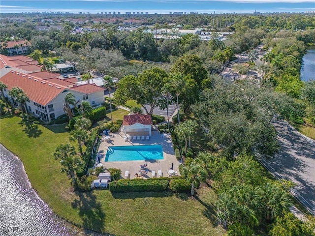 birds eye view of property featuring a water view