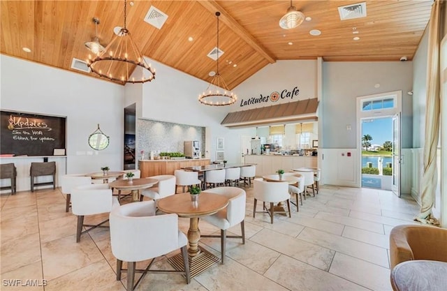 dining space featuring high vaulted ceiling, a chandelier, and wooden ceiling