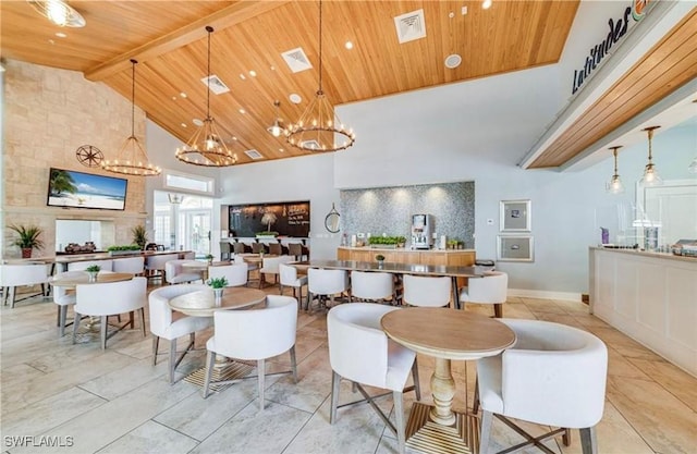 dining area featuring beam ceiling, an inviting chandelier, wooden ceiling, and high vaulted ceiling