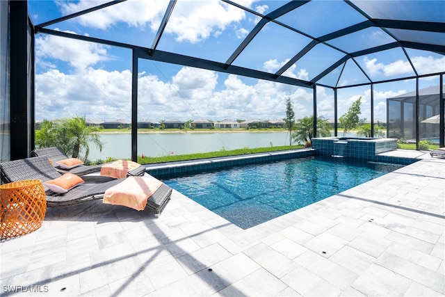 view of pool with a water view, a patio, and glass enclosure