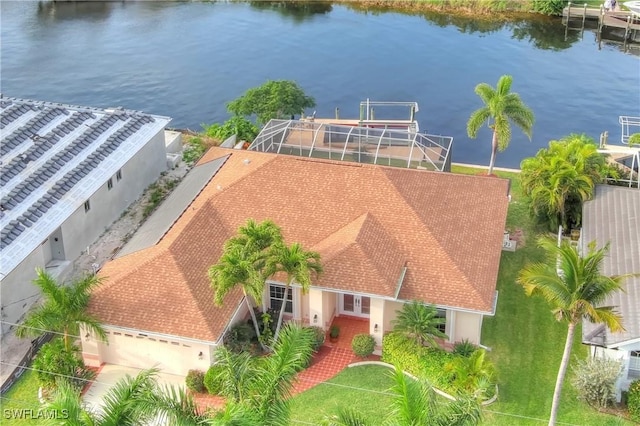 drone / aerial view featuring a water view