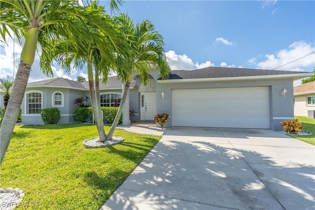 ranch-style house with a front yard and a garage