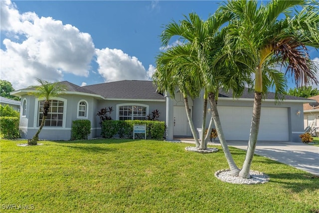 ranch-style home with a garage and a front yard