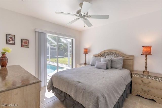 tiled bedroom with access to outside and ceiling fan