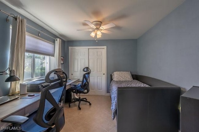 bedroom featuring ceiling fan and a closet