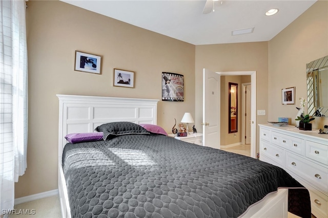 carpeted bedroom with ceiling fan