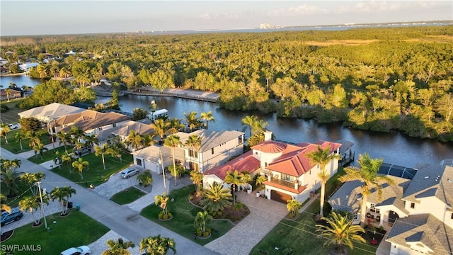 drone / aerial view with a water view