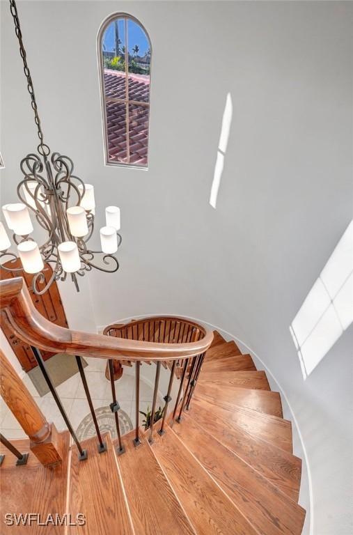 stairway with hardwood / wood-style flooring and a chandelier