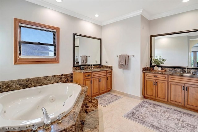 bathroom featuring vanity, ornamental molding, and a relaxing tiled tub