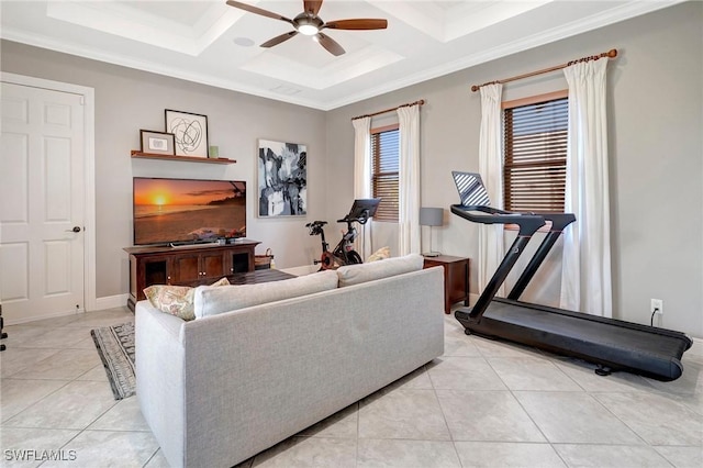 living room featuring coffered ceiling, light tile patterned floors, crown molding, and ceiling fan