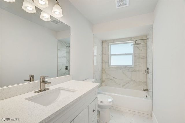 full bath with toilet, marble finish floor, visible vents, and vanity