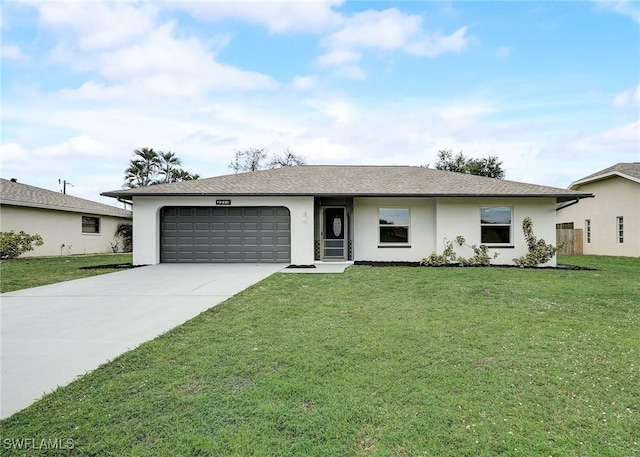 single story home featuring a garage and a front yard