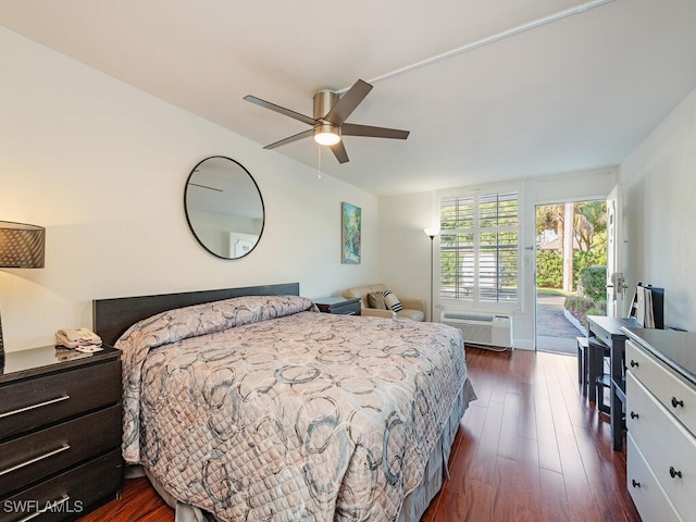 bedroom with ceiling fan, dark hardwood / wood-style flooring, and access to outside