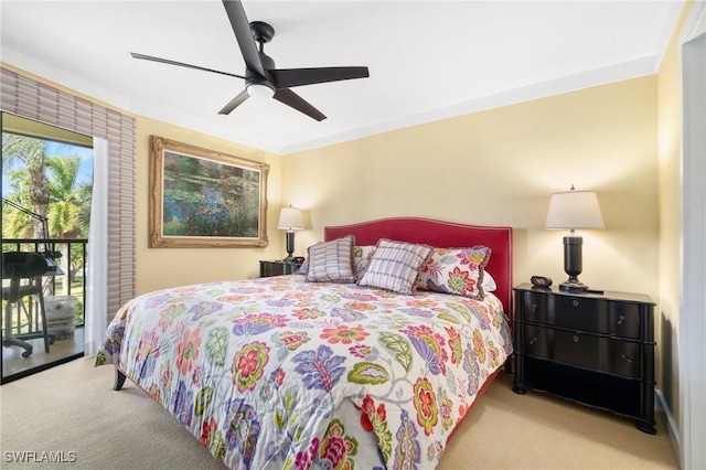 carpeted bedroom featuring access to exterior, ceiling fan, and crown molding