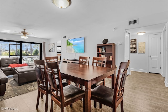 dining room featuring ceiling fan and light hardwood / wood-style flooring