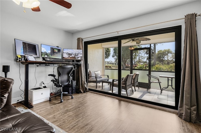 office space featuring ceiling fan and wood-type flooring