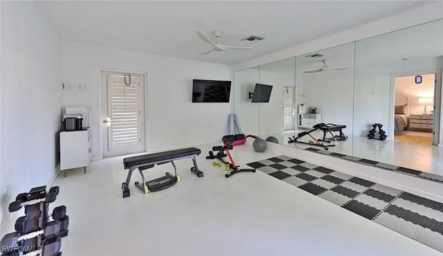 exercise area with ceiling fan