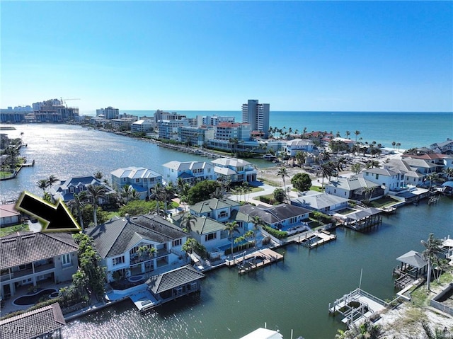 aerial view featuring a water view