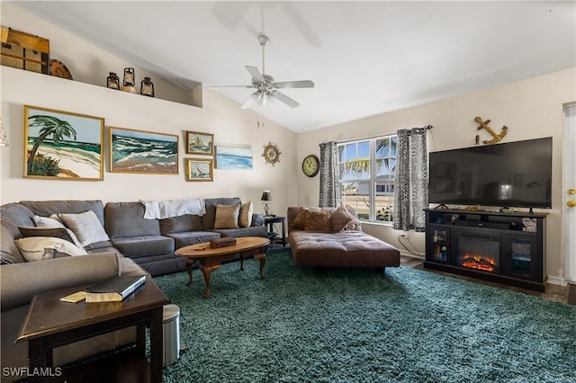 carpeted living room with vaulted ceiling and ceiling fan