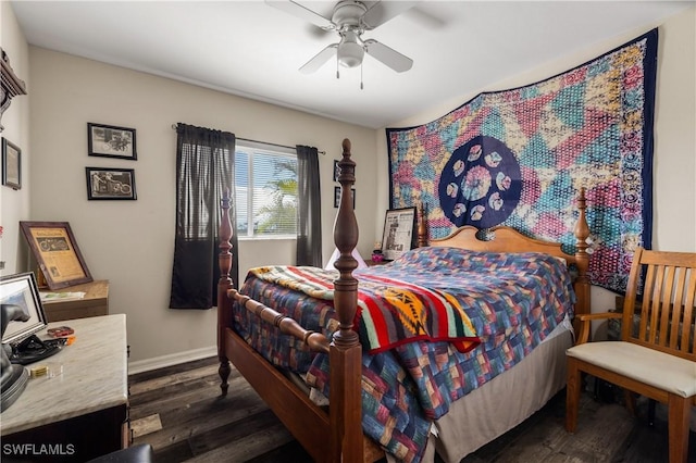 bedroom featuring ceiling fan and dark wood-type flooring