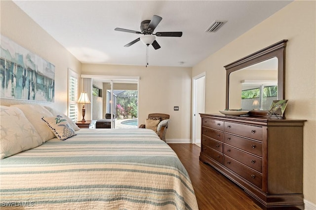 bedroom with ceiling fan, dark hardwood / wood-style flooring, and access to outside