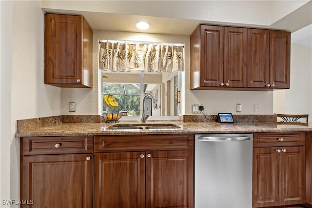 kitchen with dishwasher, sink, and stone counters