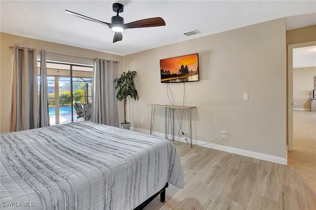 bedroom with access to outside, ceiling fan, and light wood-type flooring