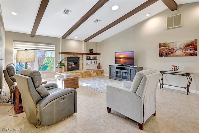 tiled living room with vaulted ceiling with beams