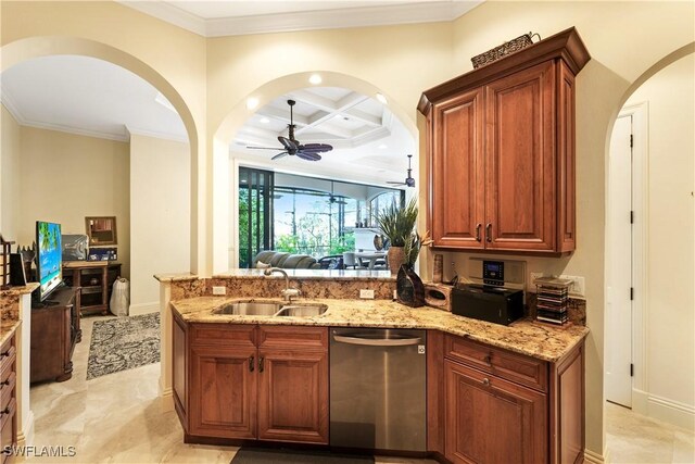 kitchen featuring coffered ceiling, beamed ceiling, ceiling fan, sink, and stainless steel dishwasher