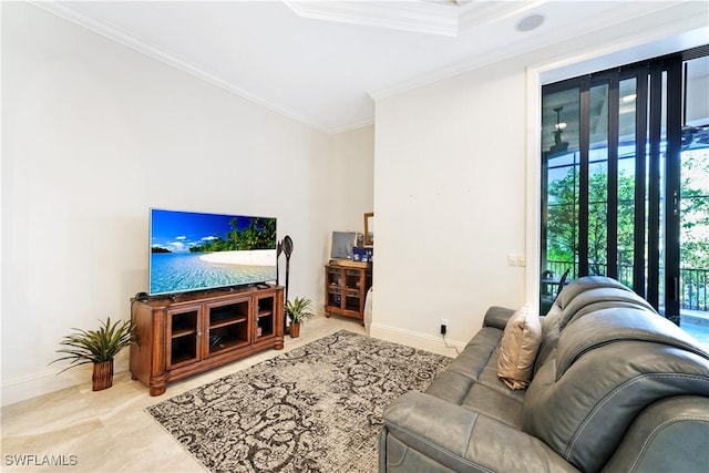 living room with crown molding