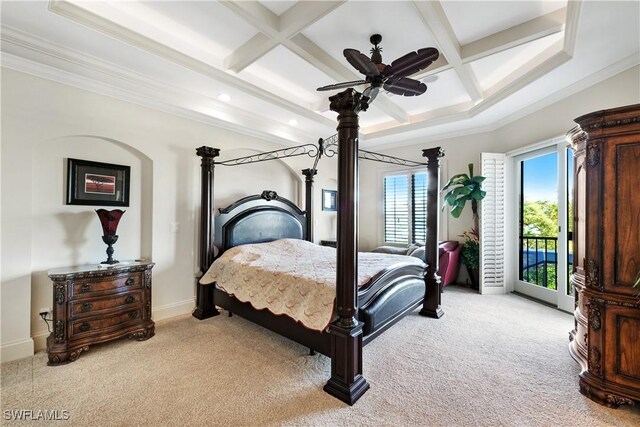 carpeted bedroom with ceiling fan, access to outside, coffered ceiling, and crown molding