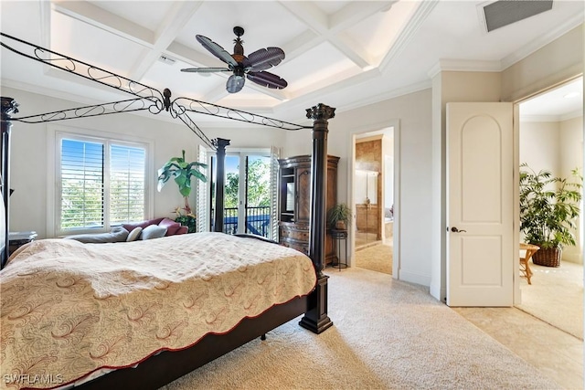 bedroom with coffered ceiling, light colored carpet, beamed ceiling, ceiling fan, and ensuite bathroom