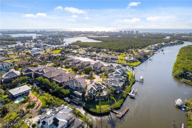 drone / aerial view featuring a water view