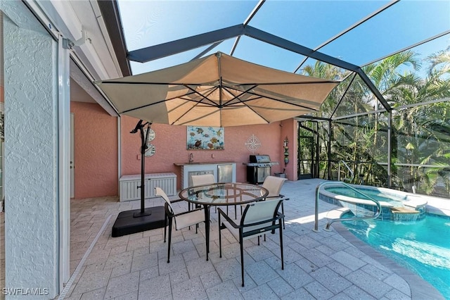 view of patio featuring a lanai, a grill, pool water feature, and a swimming pool with hot tub