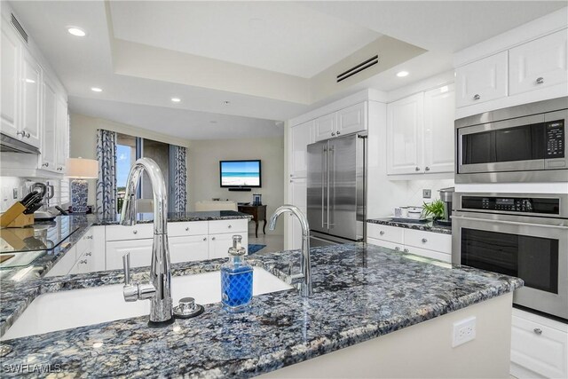 kitchen with a tray ceiling, white cabinetry, dark stone counters, and appliances with stainless steel finishes