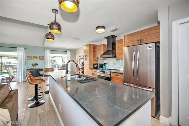 kitchen featuring decorative backsplash, wall chimney exhaust hood, stainless steel appliances, decorative light fixtures, and a center island with sink