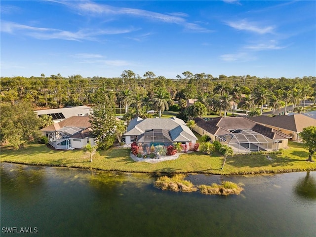 drone / aerial view with a water view