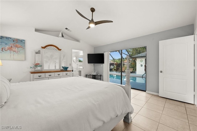 bedroom featuring access to exterior, ceiling fan, ensuite bath, lofted ceiling, and light tile patterned floors