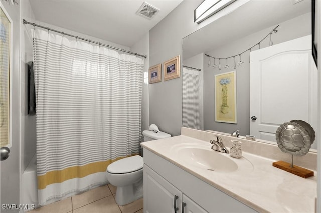 full bathroom with toilet, shower / bath combination with curtain, vanity, and tile patterned floors