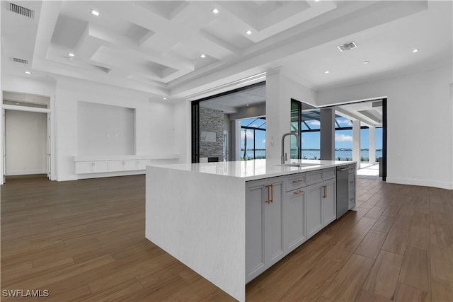 kitchen featuring white cabinets, a kitchen island with sink, dark wood-type flooring, and sink