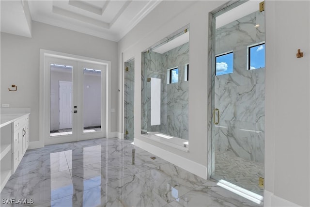 bathroom with plenty of natural light, a shower with shower door, crown molding, and french doors