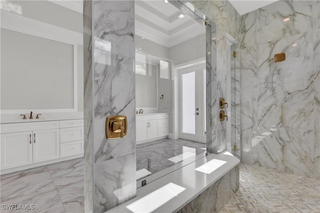 bathroom with french doors, vanity, ornamental molding, and walk in shower