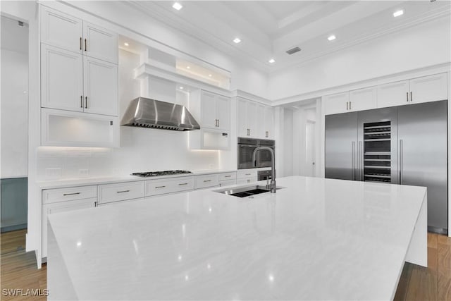 kitchen featuring appliances with stainless steel finishes, sink, wall chimney range hood, white cabinetry, and an island with sink