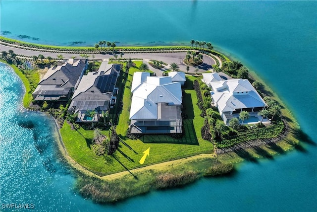 aerial view featuring a water view