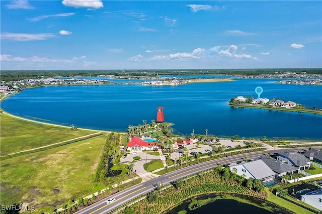 drone / aerial view featuring a water view