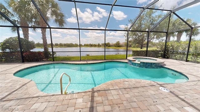 view of pool featuring glass enclosure, a water view, and a patio