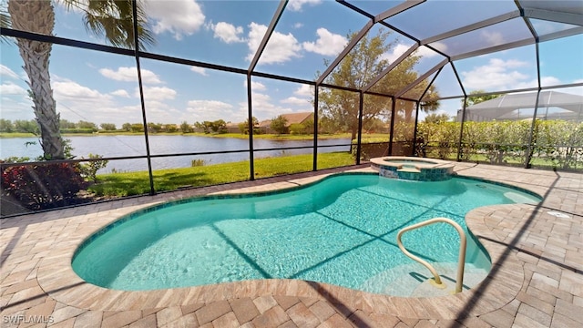 view of pool featuring glass enclosure, a patio area, a water view, and an in ground hot tub