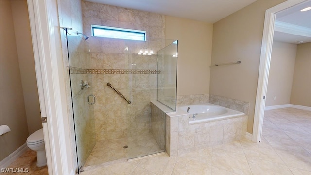 bathroom featuring tile patterned flooring, toilet, and plus walk in shower